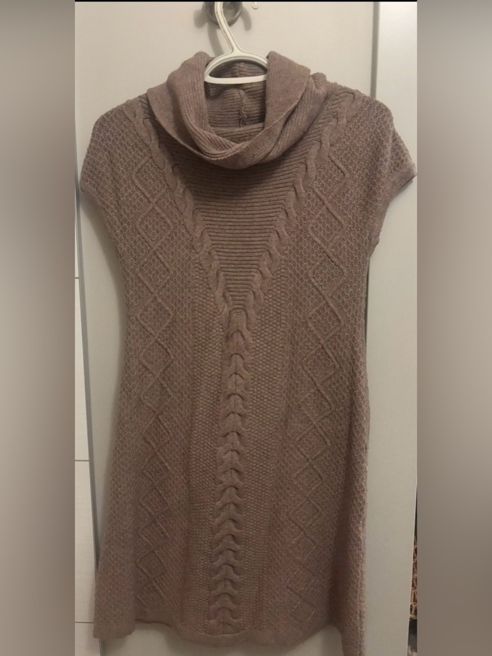 Cozy Cable Knit Cowl Neck Sweater Dress - Taupe Size M